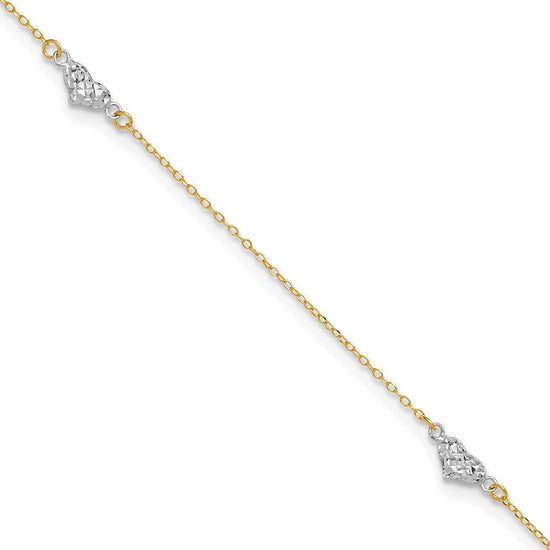 14k Two-tone Diamond-cut Triple Puffed Hearts 9 inch Plus 1 inch Extender - Total 10 inch Anklet
