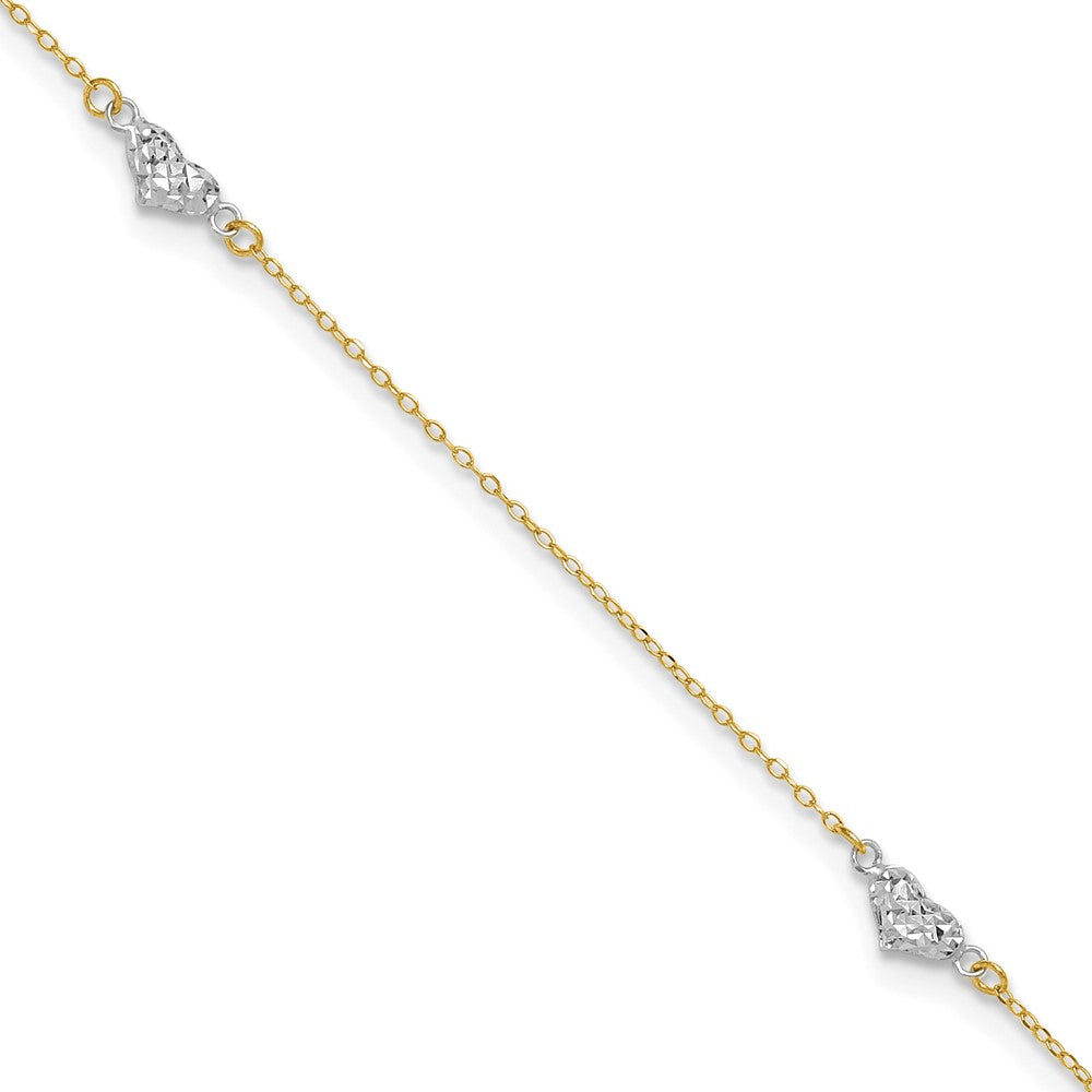 14k Two-tone Diamond-cut Triple Puffed Hearts 9 inch Plus 1 inch Extender - Total 10 inch Anklet