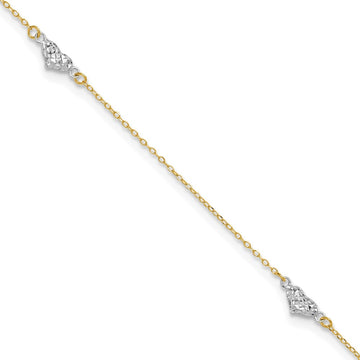 14k Two-tone Diamond-cut Triple Puffed Hearts 9 inch Plus 1 inch Extender - Total 10 inch Anklet
