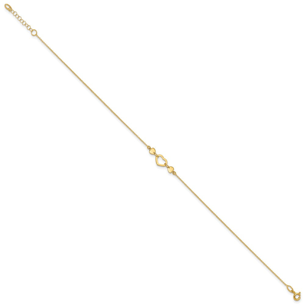 14k Polished Open Heart 10 inch Plus 0.75 inch Extender - Total 10.75 inch Anklet