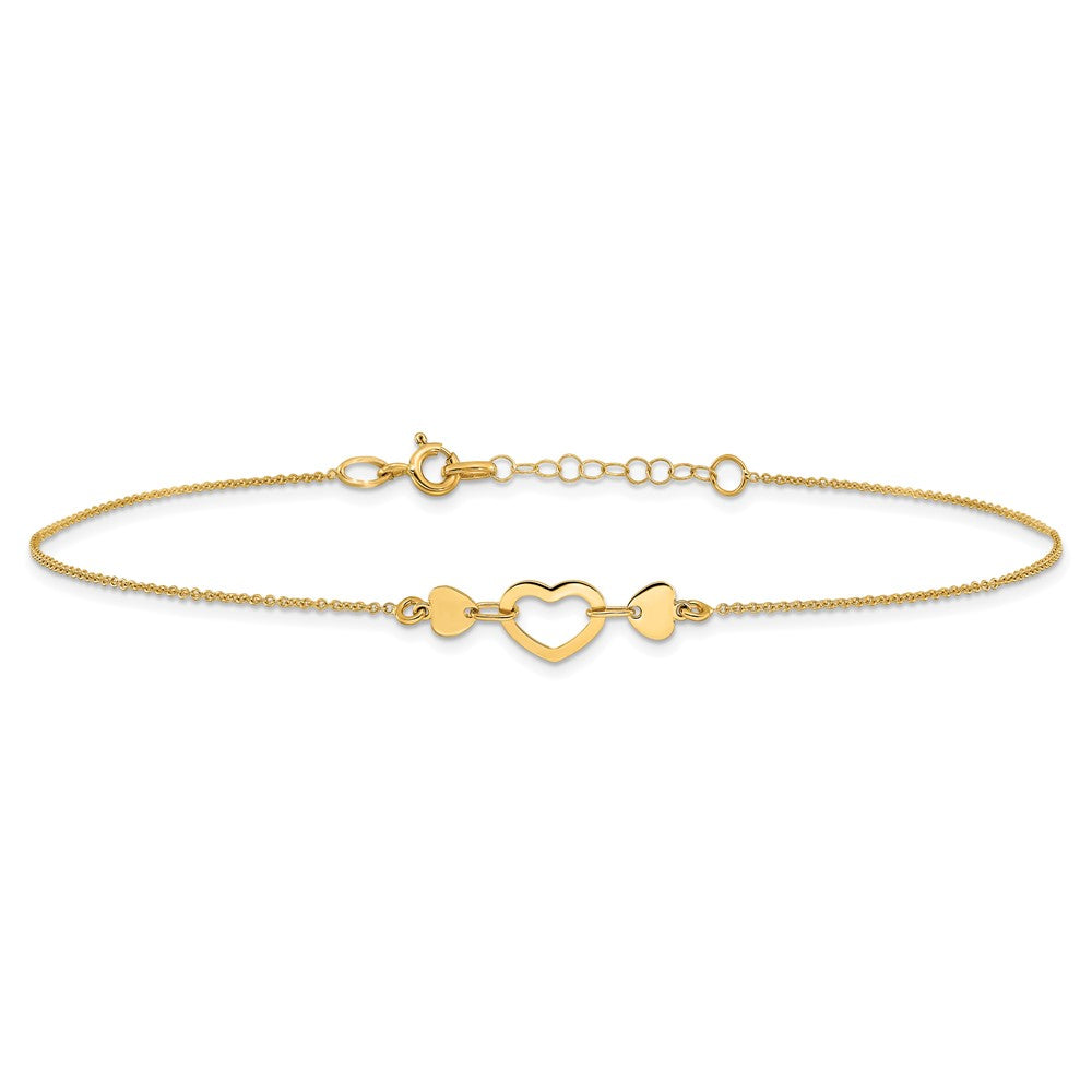 14k Polished Open Heart 10 inch Plus 0.75 inch Extender Total 10.75 inch Anklet