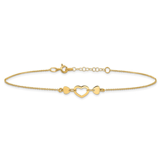 14k Polished Open Heart 10 inch Plus 0.75 inch Extender - Total 10.75 inch Anklet