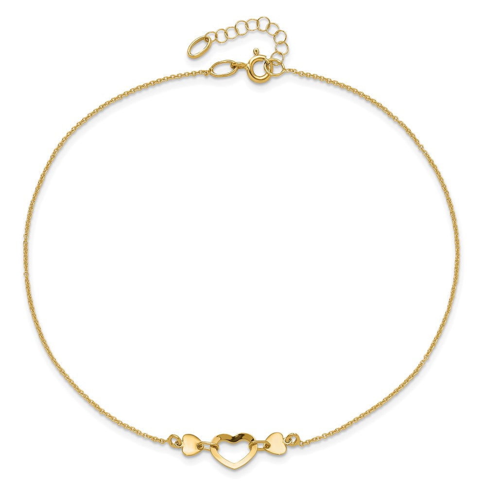 14k Polished Open Heart 10 inch Plus 0.75 inch Extender Total 10.75 inch Anklet