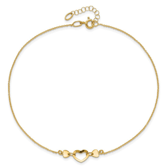 14k Polished Open Heart 10 inch Plus 0.75 inch Extender - Total 10.75 inch Anklet