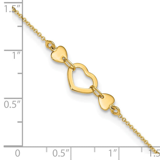14k Polished Open Heart 10 inch Plus 0.75 inch Extender - Total 10.75 inch Anklet