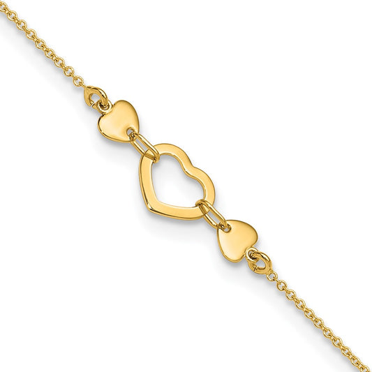 14k Polished Open Heart 10 inch Plus 0.75 inch Extender Total 10.75 inch Anklet