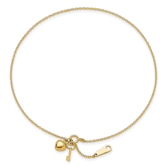 14k Cable Chain with Puffed Heart and Key Dangle 9 inch Plus 1 inch Extender - Total 10 inch Anklet