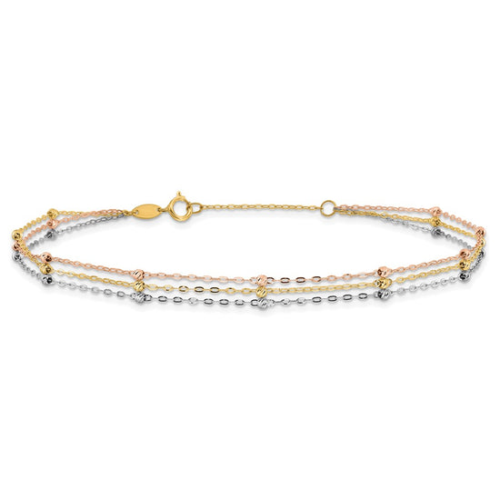 14k Tri-color 3-Strand Diamond-cut Beaded 9-Station 9 inch Plus 1 inch Extender - Total 10 inch Anklet