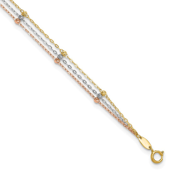 14k Tri-color 3-Strand Diamond-cut Beaded 9-Station 9 inch Plus 1 inch Extender - Total 10 inch Anklet
