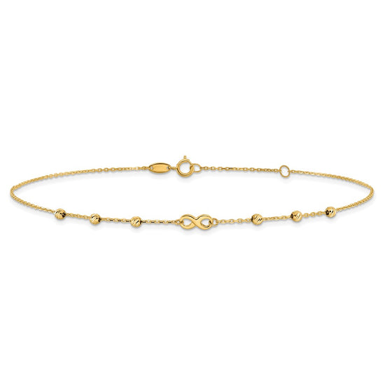 14K Infinity Symbol and Diamond-cut Beads 10 inch Plus 1 inch Extender - Total 11 inch Anklet