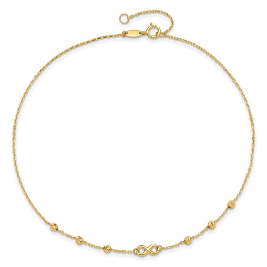 14K Infinity Symbol and Diamond-cut Beads 10 inch Plus 1 inch Extender - Total 11 inch Anklet