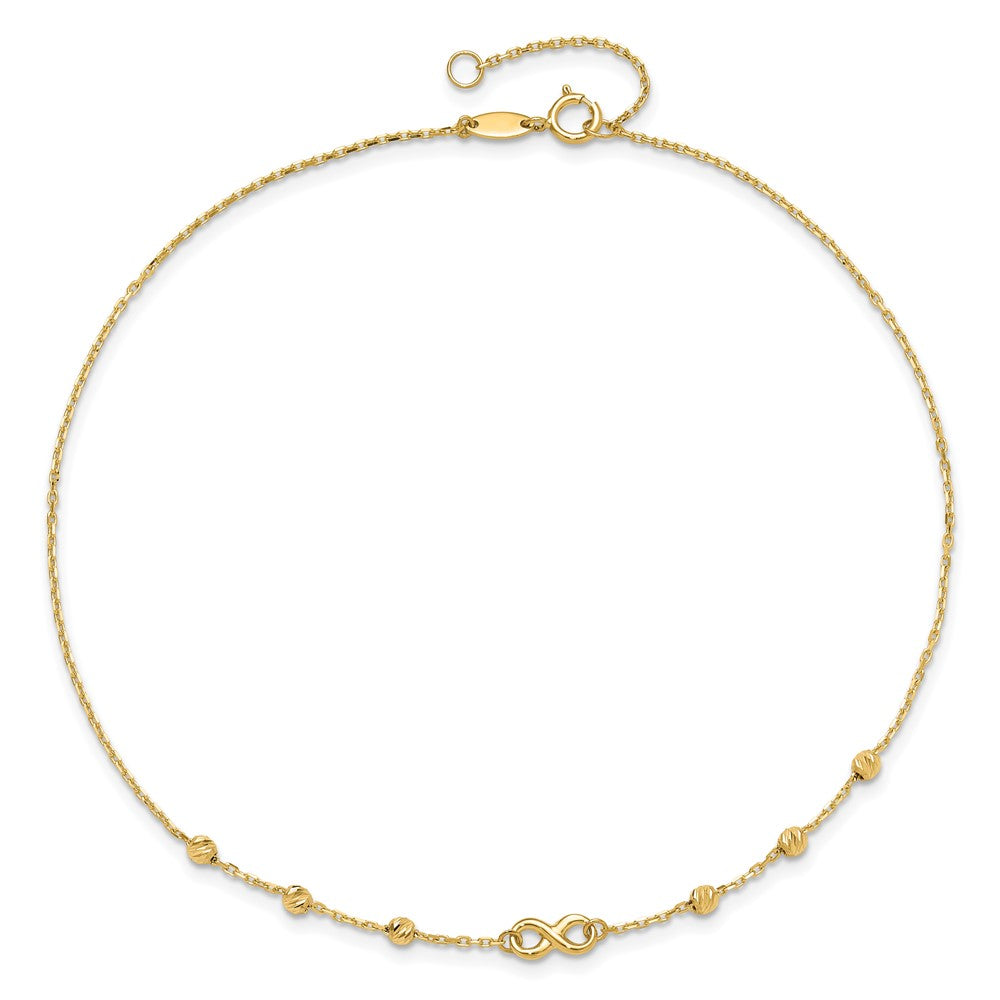 14K Infinity Symbol and Diamond-cut Beads 10 inch Plus 1 inch Extender - Total 11 inch Anklet