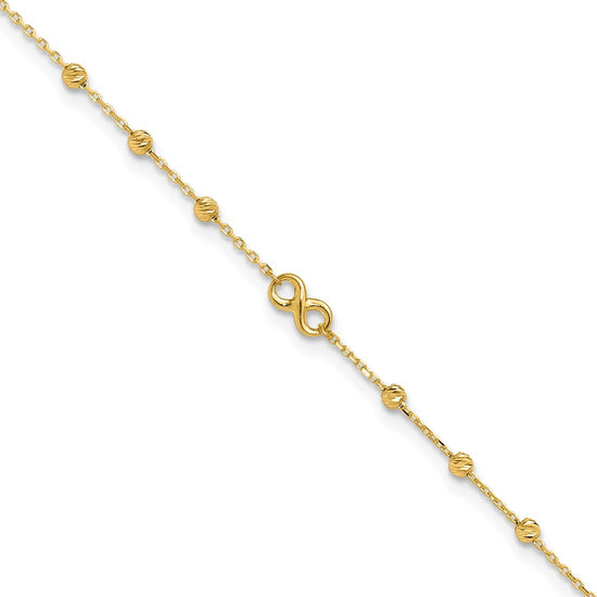 14K Infinity Symbol and Diamond-cut Beads 10 inch Plus 1 inch Extender - Total 11 inch Anklet