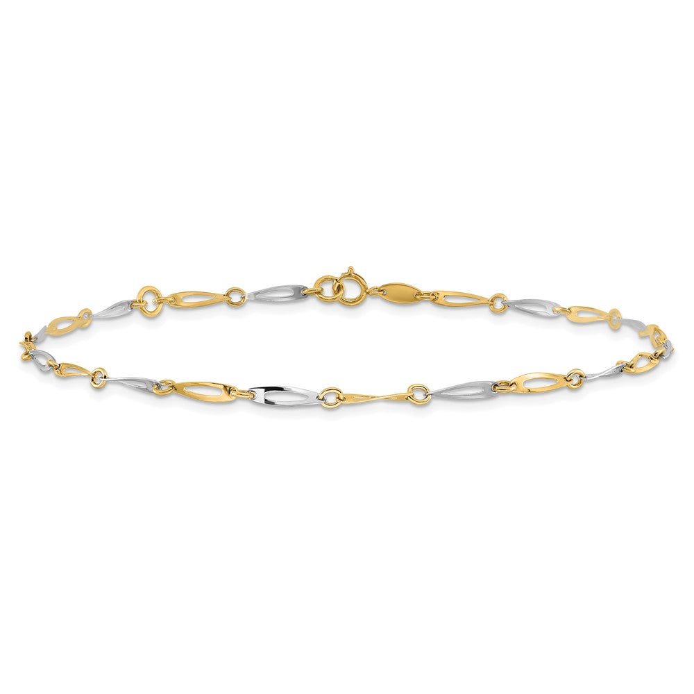 14k Two-Tone Polished Oval Twist Link 9 inch Plus 1 inch Extender Total 10 inch Anklet