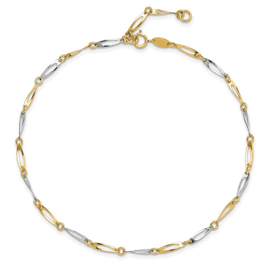 14k Two-Tone Polished Oval Twist Link 9 inch Plus 1 inch Extender Total 10 inch Anklet