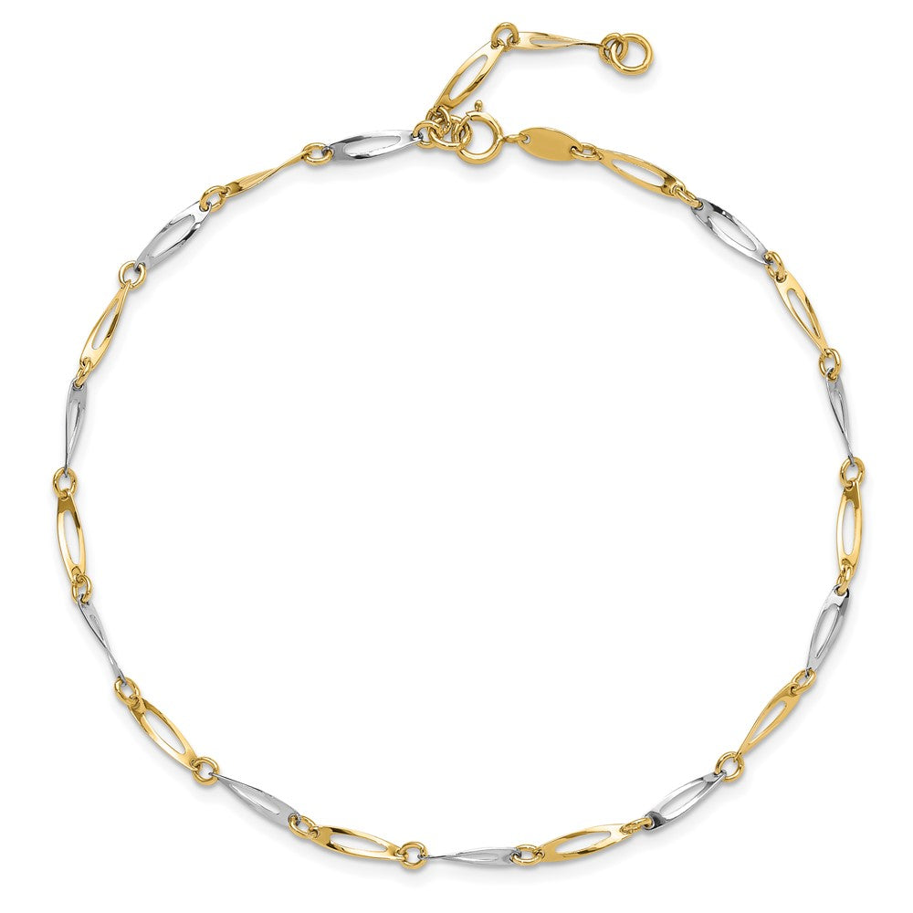14k Two-Tone Polished Oval Twist Link 9 inch Plus 1 inch Extender Total 10 inch Anklet