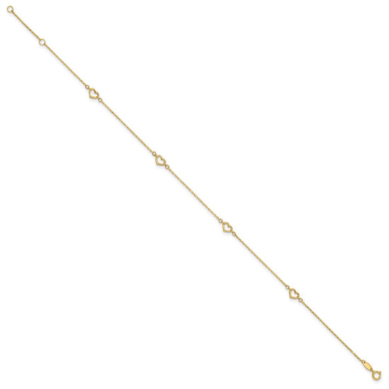 14K Open Hearts 4-Station 10 inch Plus 1 inch Extender Total 11 inch Anklet