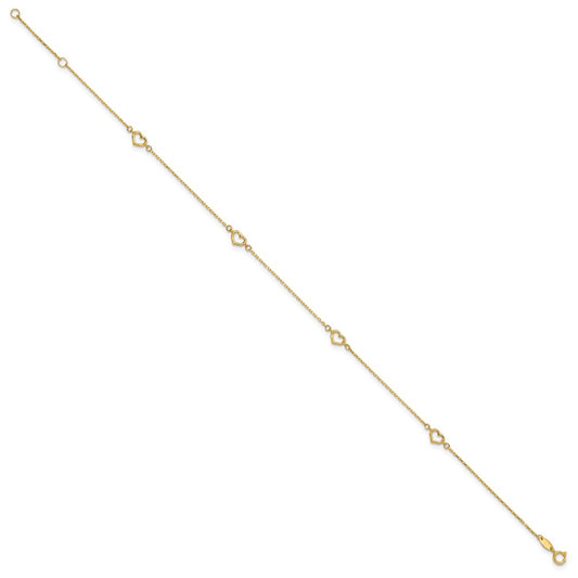 14K Open Hearts 4-Station 10 inch Plus 1 inch Extender Total 11 inch Anklet
