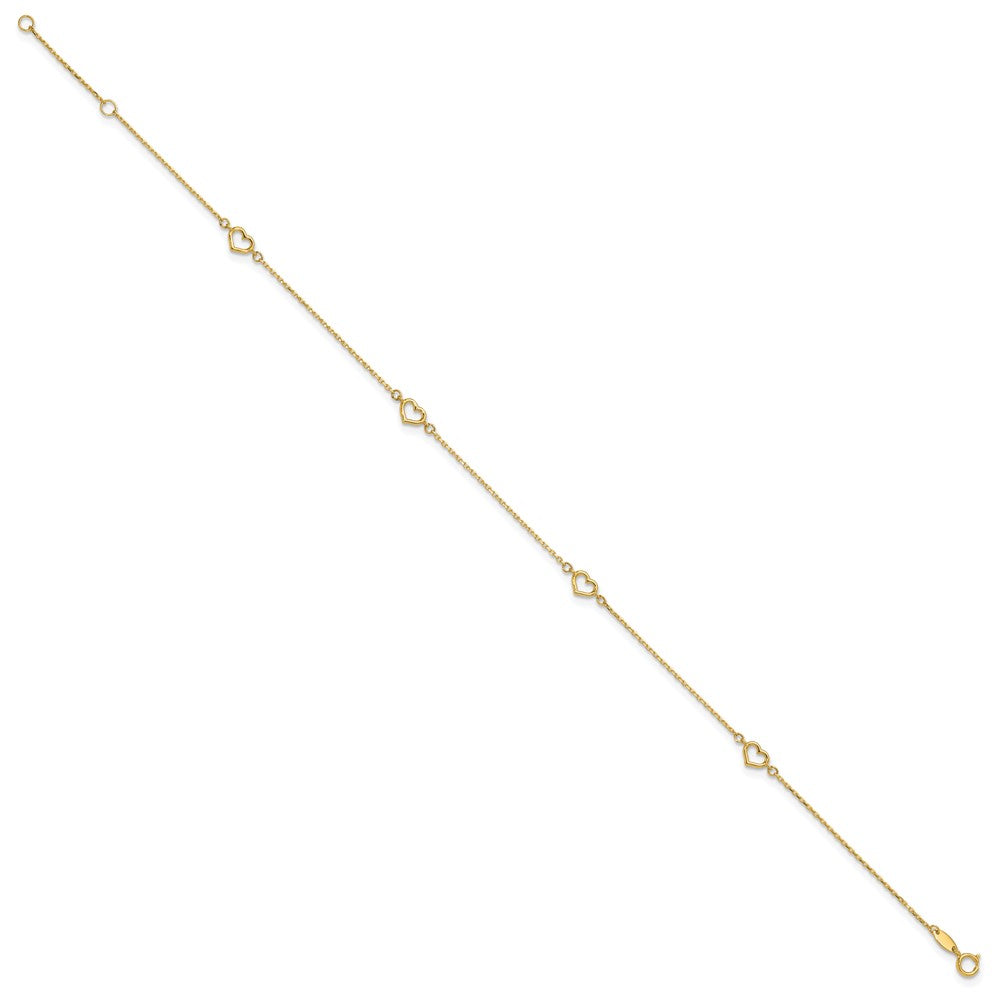 14K Open Hearts 4-Station 10 inch Plus 1 inch Extender - Total 11 inch Anklet