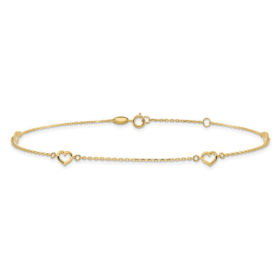 14K Open Hearts 4-Station 10 inch Plus 1 inch Extender Total 11 inch Anklet