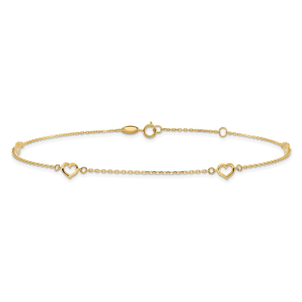 14K Open Hearts 4-Station 10 inch Plus 1 inch Extender Total 11 inch Anklet
