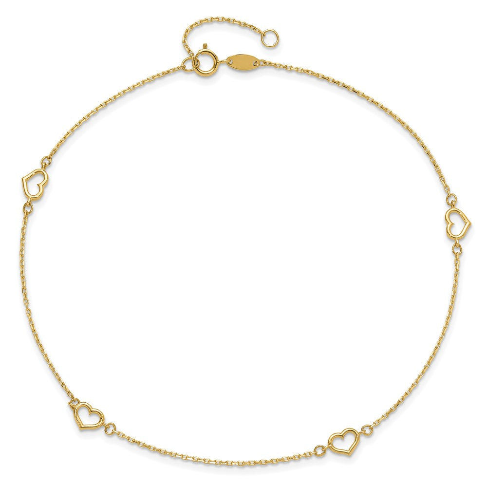 14K Open Hearts 4-Station 10 inch Plus 1 inch Extender Total 11 inch Anklet