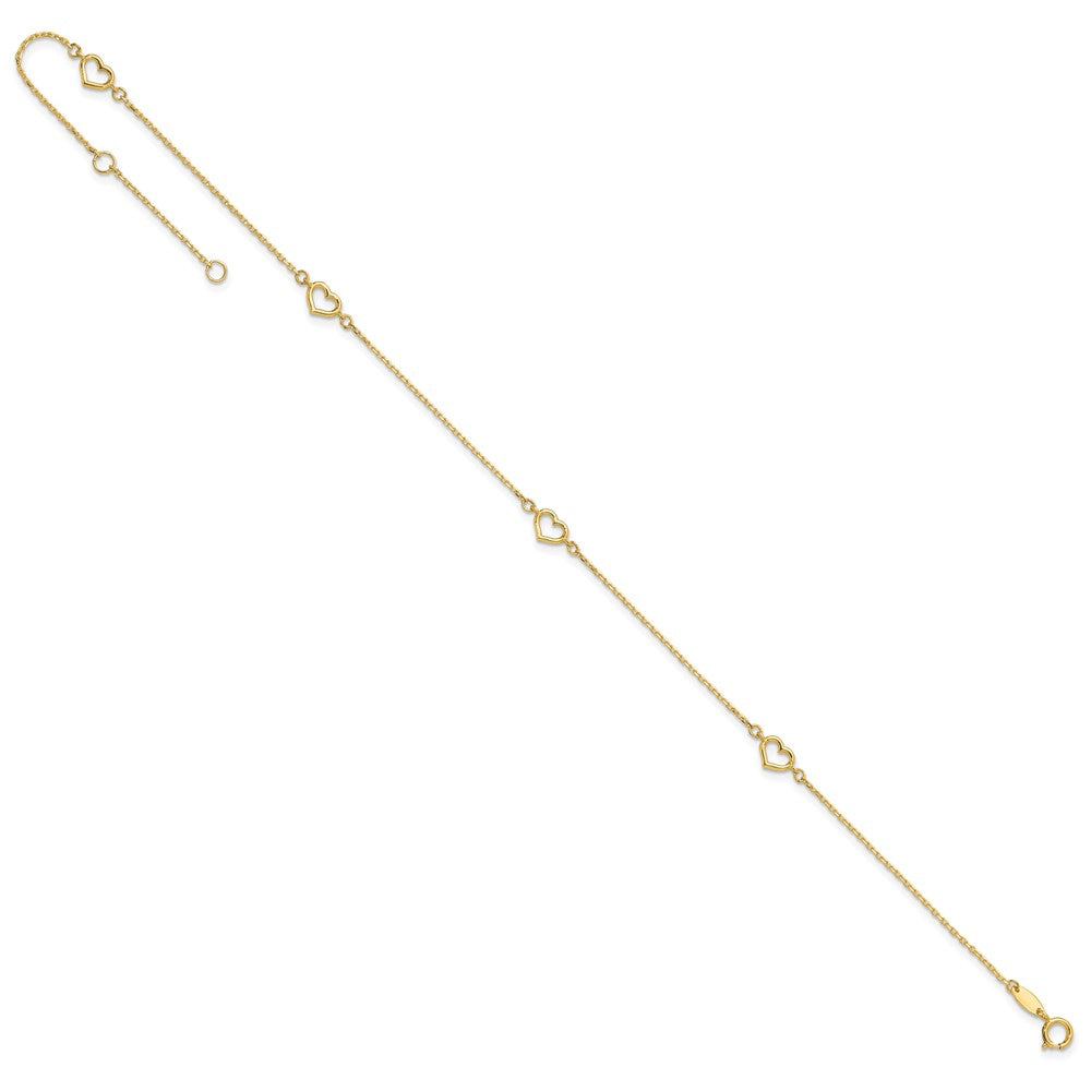 14K Open Hearts 4-Station 10 inch Plus 1 inch Extender Total 11 inch Anklet