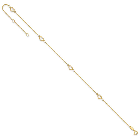 14K Open Hearts 4-Station 10 inch Plus 1 inch Extender - Total 11 inch Anklet