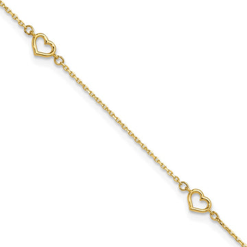 14K Open Hearts 4-Station 10 inch Plus 1 inch Extender Total 11 inch Anklet