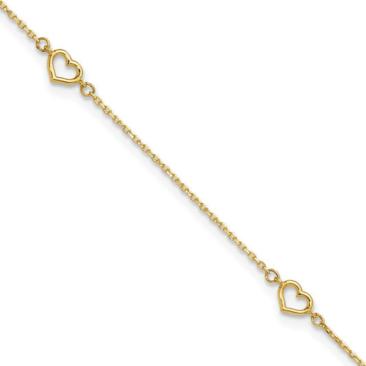 14K Open Hearts 4-Station 10 inch Plus 1 inch Extender Total 11 inch Anklet