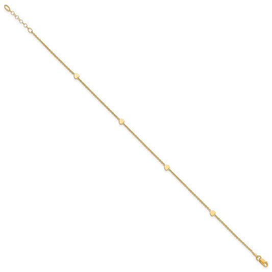 14K Polished Hearts 4-Station 10 inch Plus 1 inch Extender - Total 11 inch Anklet
