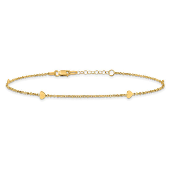 14K Polished Hearts 4-Station 10 inch Plus 1 inch Extender - Total 11 inch Anklet