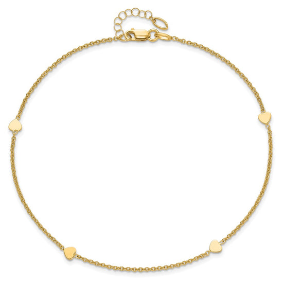 14K Polished Hearts 4-Station 10 inch Plus 1 inch Extender - Total 11 inch Anklet