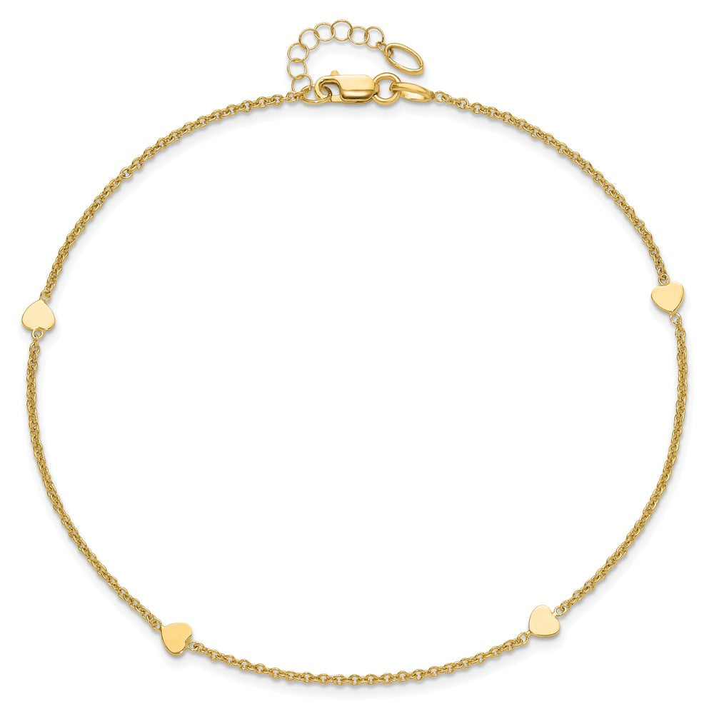 14K Polished Hearts 4-Station 10 inch Plus 1 inch Extender - Total 11 inch Anklet
