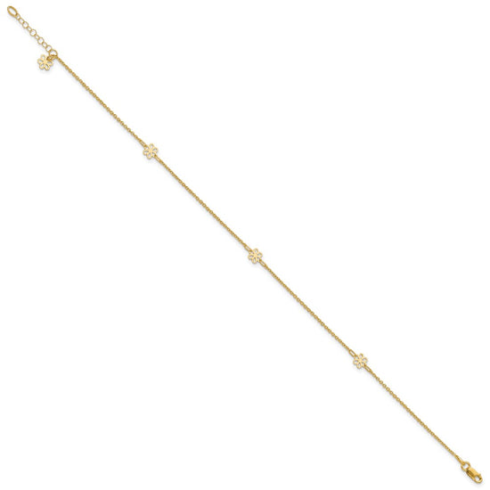 14K Flowers 3-Station with Flower Dangle 10 inch Plus 1 inch Extender Total 11 inch Anklet