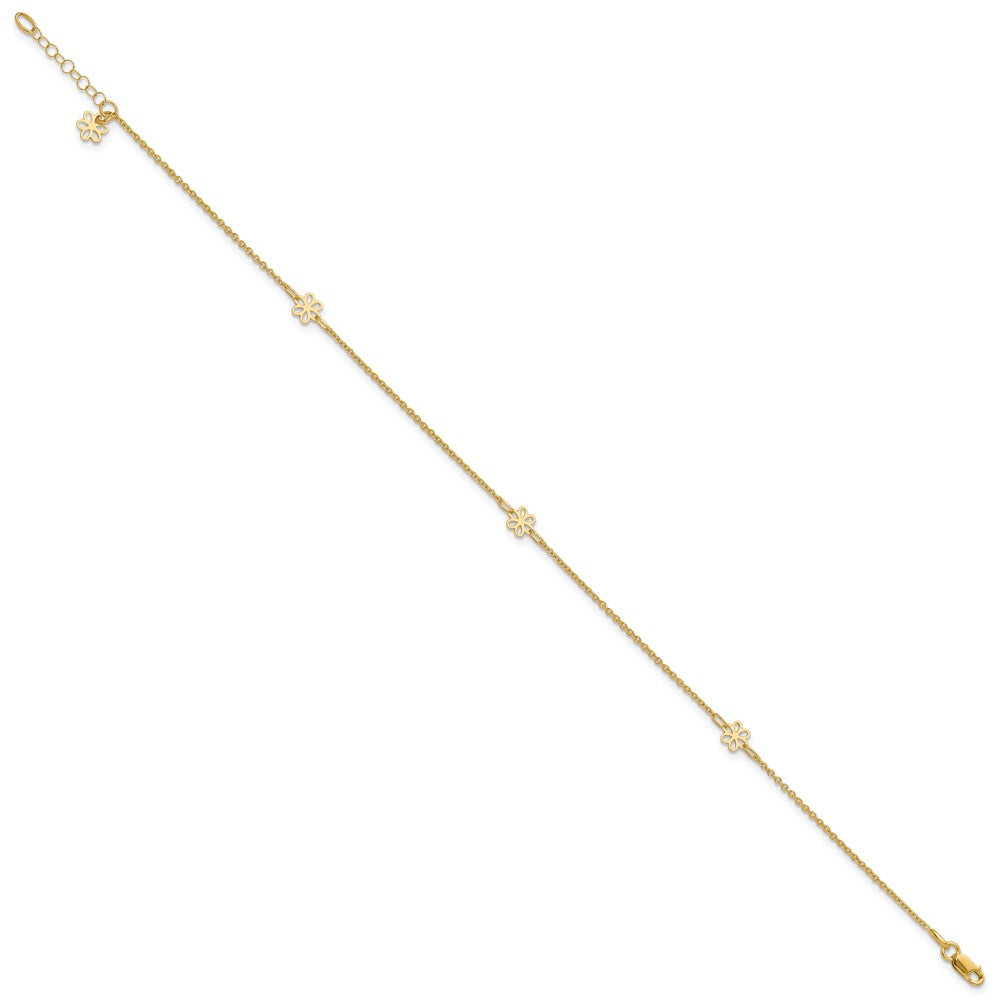 14K Flowers 3-Station with Flower Dangle 10 inch Plus 1 inch Extender Total 11 inch Anklet