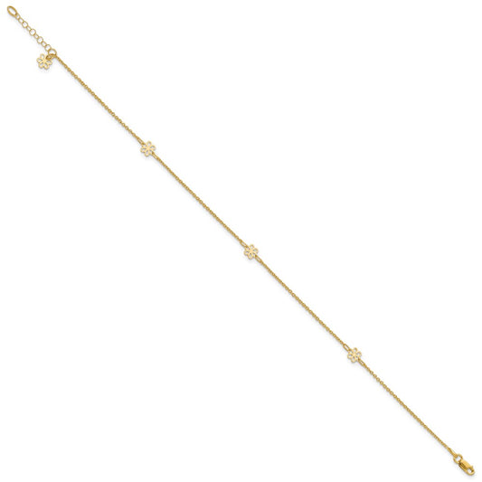 14K Flowers 3-Station with Flower Dangle 10 inch Plus 1 inch Extender Total 11 inch Anklet