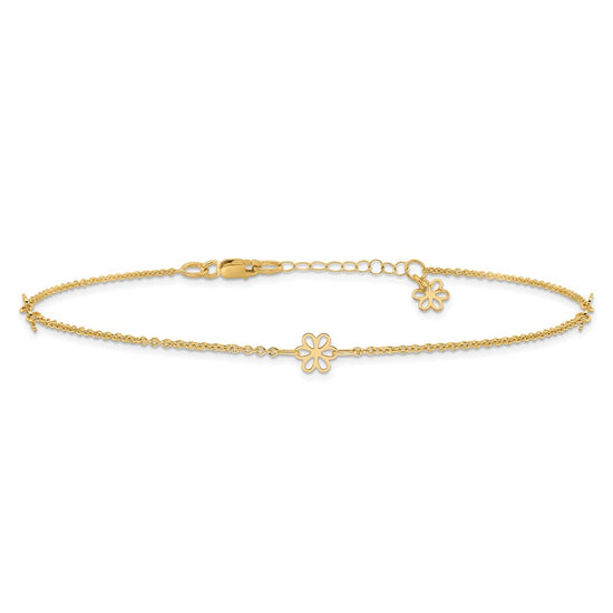 14K Flowers 3-Station with Flower Dangle 10 inch Plus 1 inch Extender Total 11 inch Anklet