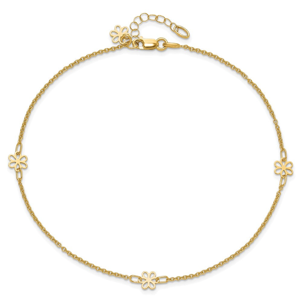 14K Flowers 3-Station with Flower Dangle 10 inch Plus 1 inch Extender Total 11 inch Anklet