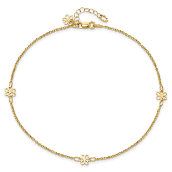 14K Flowers 3-Station with Flower Dangle 10 inch Plus 1 inch Extender - Total 11 inch Anklet