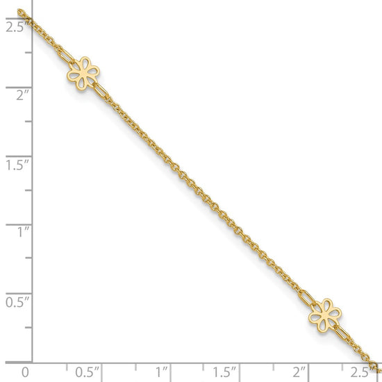 14K Flowers 3-Station with Flower Dangle 10 inch Plus 1 inch Extender Total 11 inch Anklet
