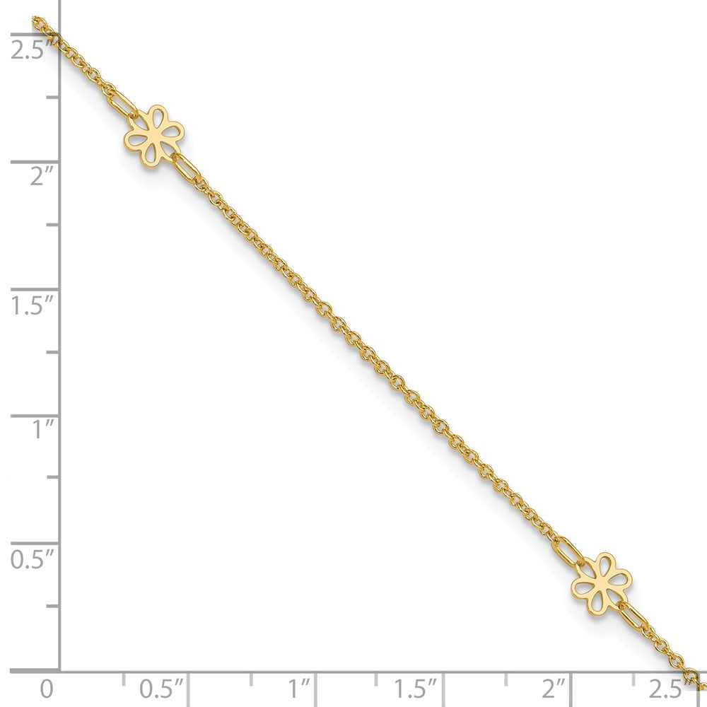 14K Flowers 3-Station with Flower Dangle 10 inch Plus 1 inch Extender Total 11 inch Anklet
