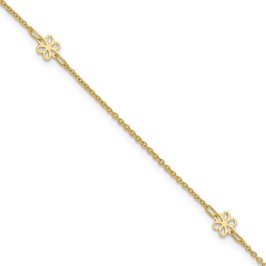 14K Flowers 3-Station with Flower Dangle 10 inch Plus 1 inch Extender Total 11 inch Anklet