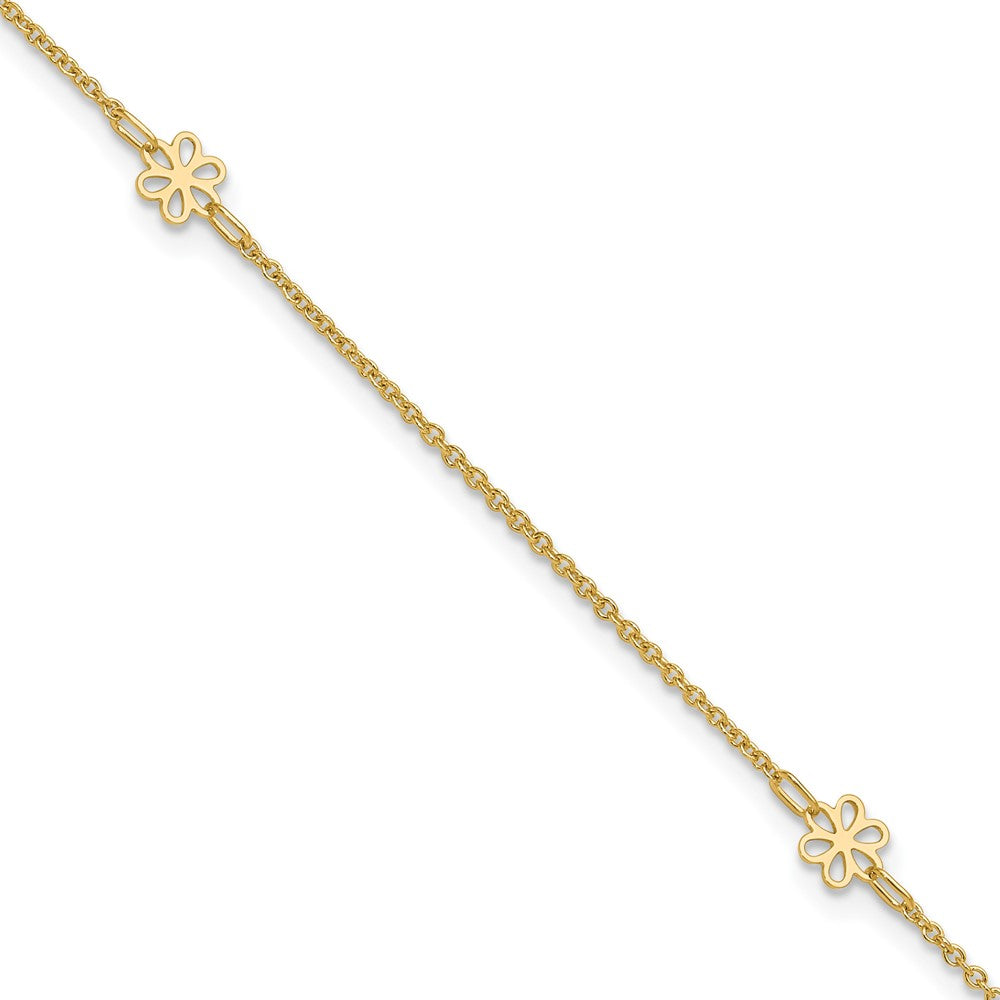 14K Flowers 3-Station with Flower Dangle 10 inch Plus 1 inch Extender Total 11 inch Anklet