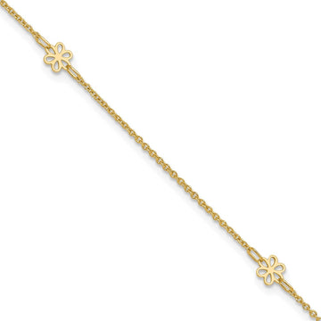 14K Flowers 3-Station with Flower Dangle 10 inch Plus 1 inch Extender Total 11 inch Anklet