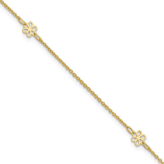 14K Flowers 3-Station with Flower Dangle 10 inch Plus 1 inch Extender Total 11 inch Anklet