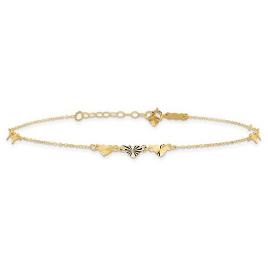 14K Diamond-cut Hearts 9 inch Plus 1 inch Extender - Total 10 inch Anklet