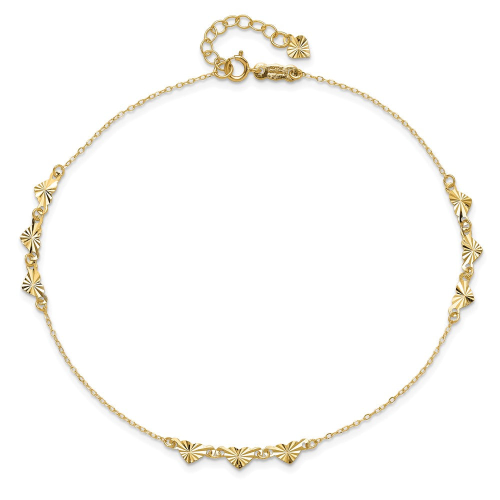 14K Diamond-cut Hearts 9 inch Plus 1 inch Extender - Total 10 inch Anklet
