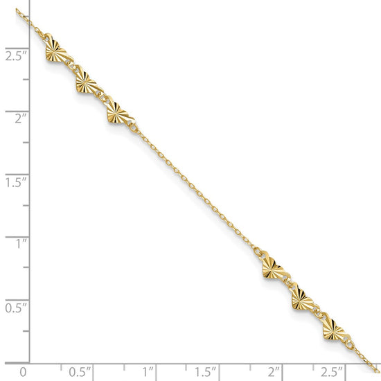 14K Diamond-cut Hearts 9 inch Plus 1 inch Extender - Total 10 inch Anklet