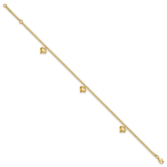 14K Polished Curb Chain with 3 Puffed Heart Dangles 9 inch Plus 1 inch Extender Total 10 inch Anklet